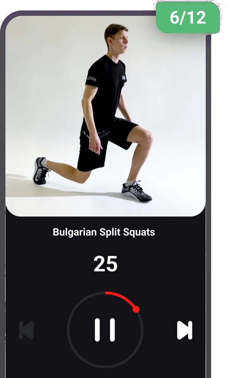 FitHack exercise screen with video and countdown timer for Bulgarian split squats
