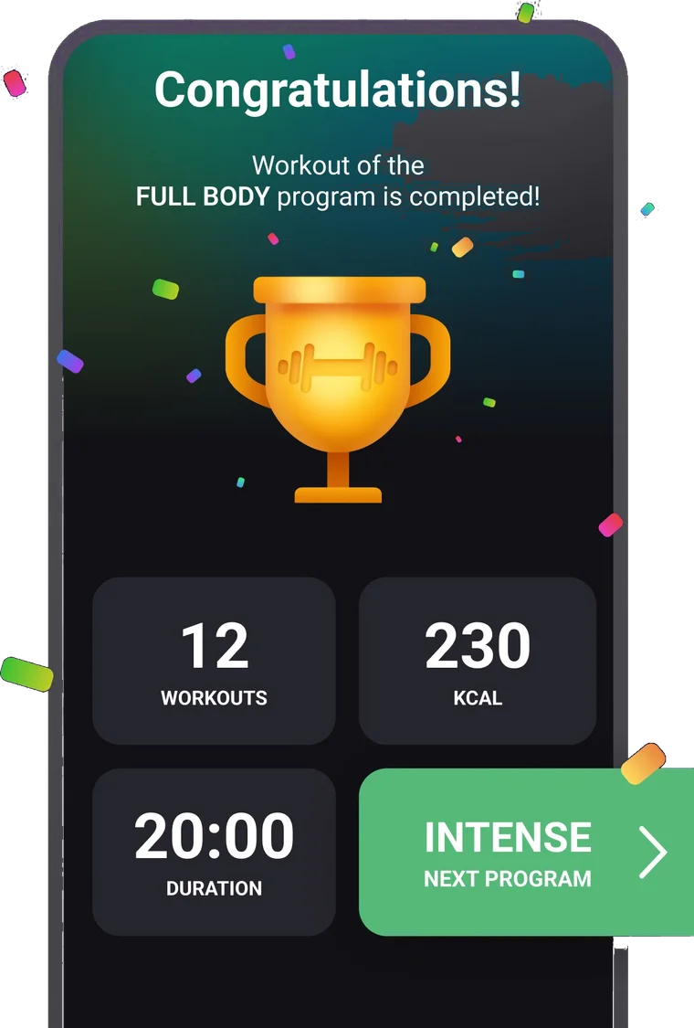 FitHack program completed screen with workouts, calories and duration