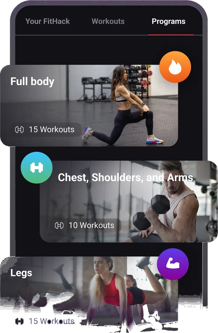FitHack programs: full body, chest, shoulders and arms, legs